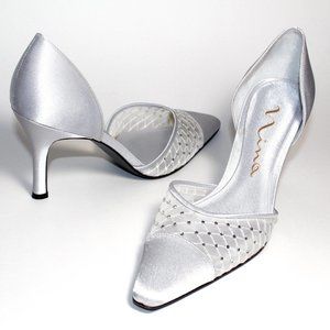 Nina Silver Satin Crystal Embellished D'Orsay Pumps